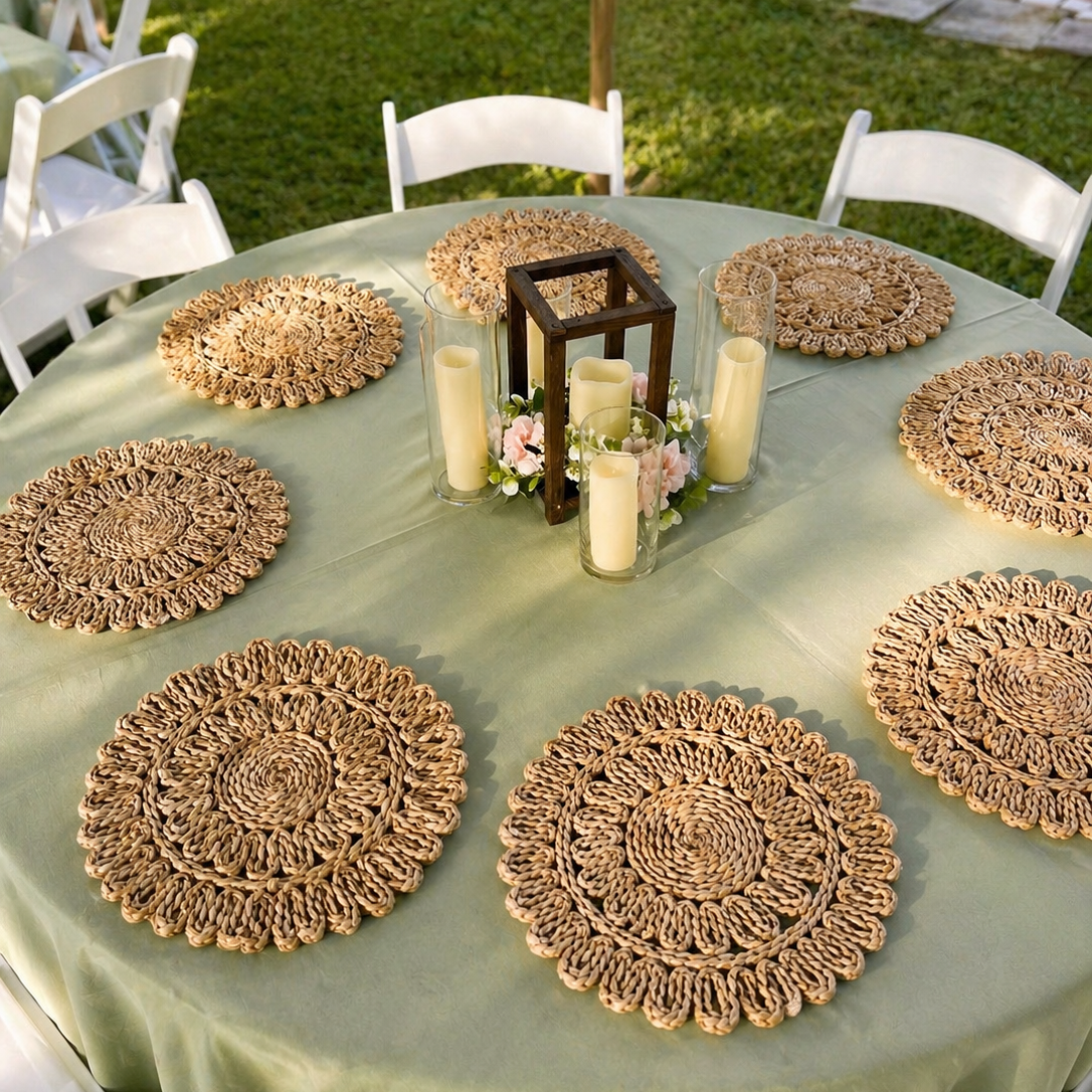 Decorated round table with woven placemats and candles outdoors.