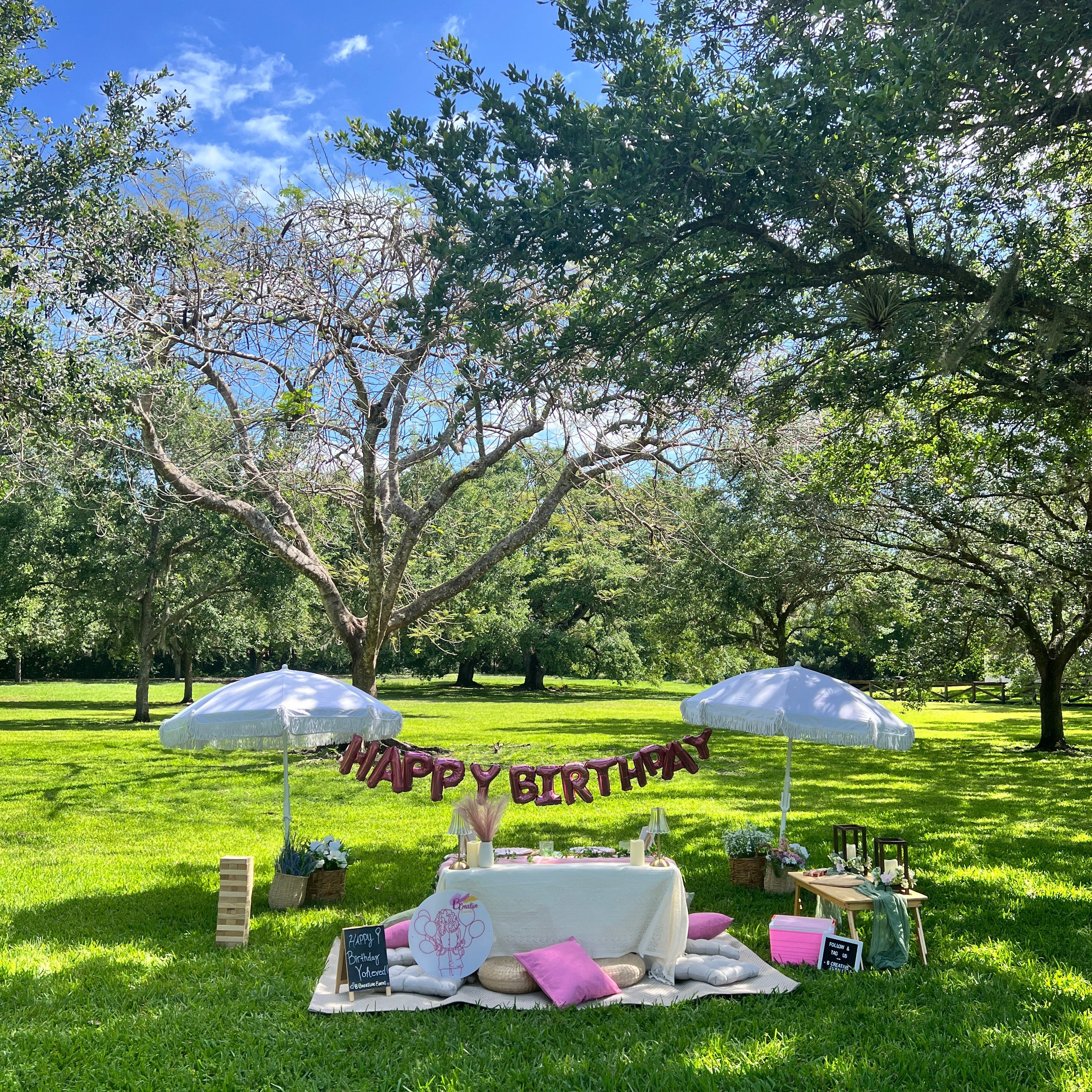 Outdoor birthday setup with cake, balloons, and 'Happy Birthday' sign on a grassy field.