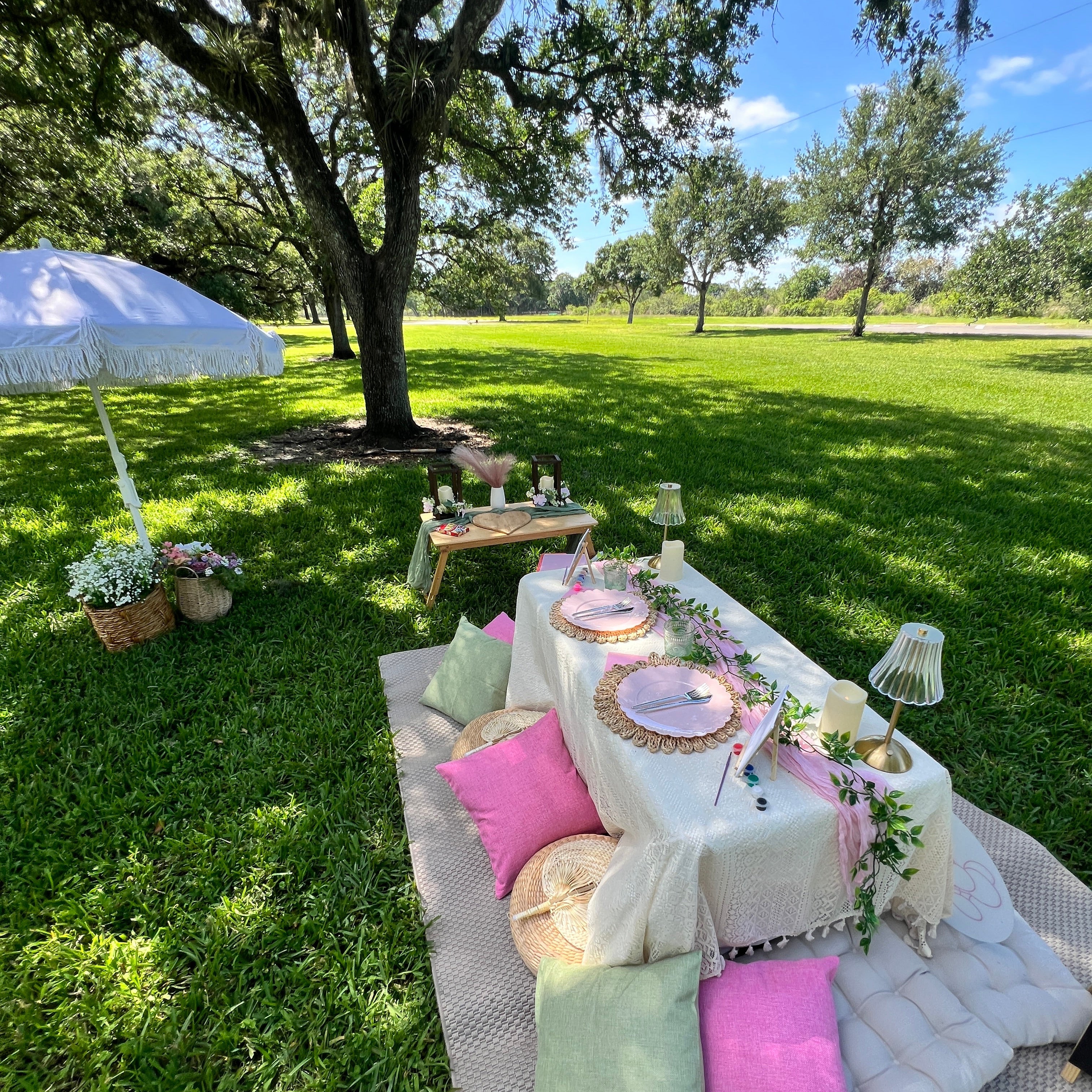 Outdoor setting with a decorated table, chairs, and pillows on a grassy area.